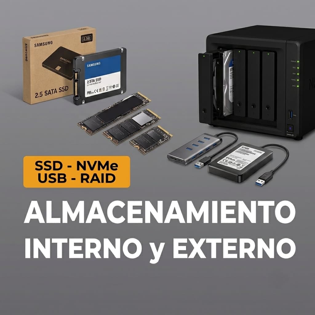 Almacenamiento interno y externo, SSD, NVMe, USB, RAID